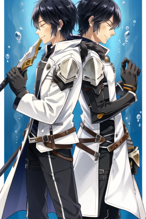 <lora:RavenCronwell-08:0.7>, raven cronwell, smile, black hair, gloves, closed eyes, weapon, male focus, multiple boys, belt, pants, sword, 2boys, armor, coat, blue background, black pants, dual persona, bubble, underwater, single mechanical arm