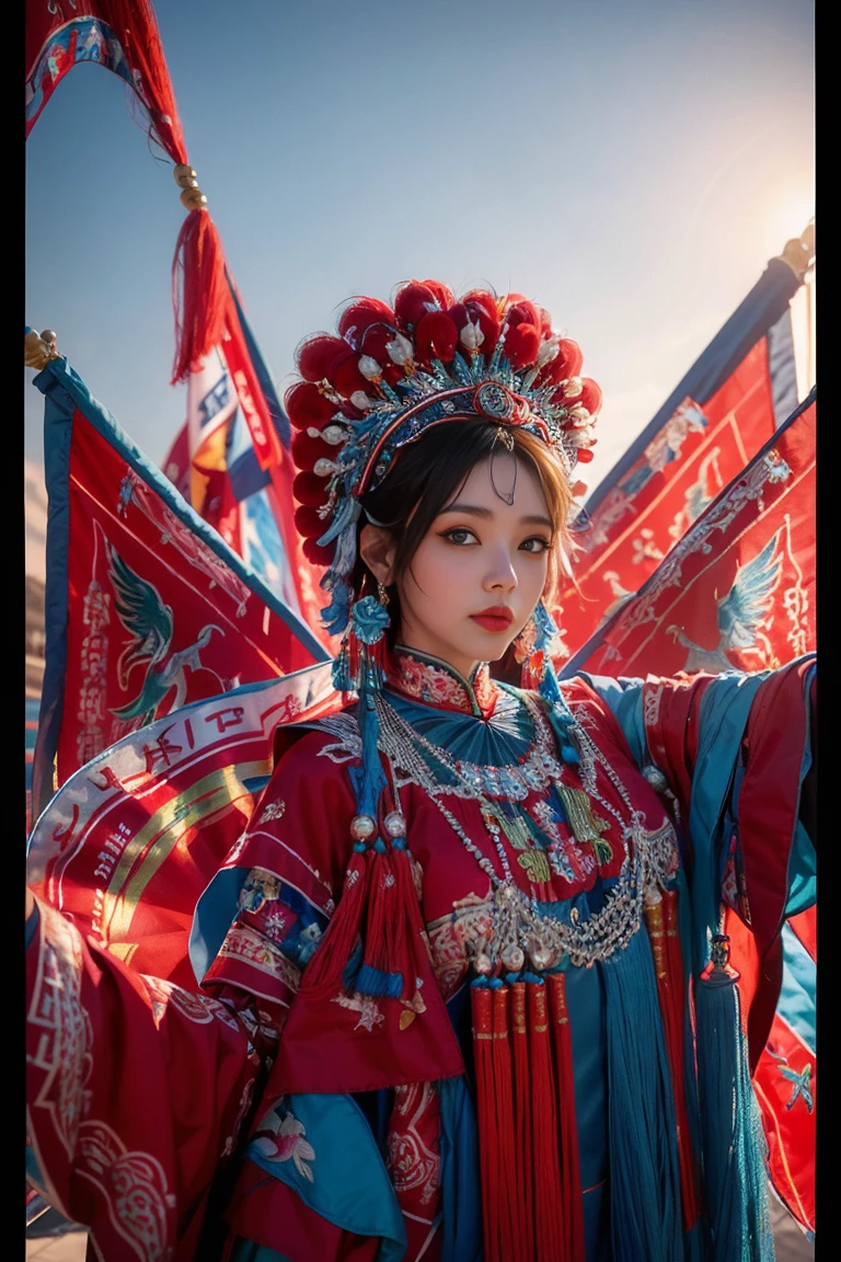 8k, RAW photo, best quality, masterpiece, realistic, photo-realistic, ultra detailed,
1 girl,  CNOperaCrown,  from front, looking at viewer, makeup, headdress, (((CNOperaFlag))), flag from back, holding,  upper body, tassel,