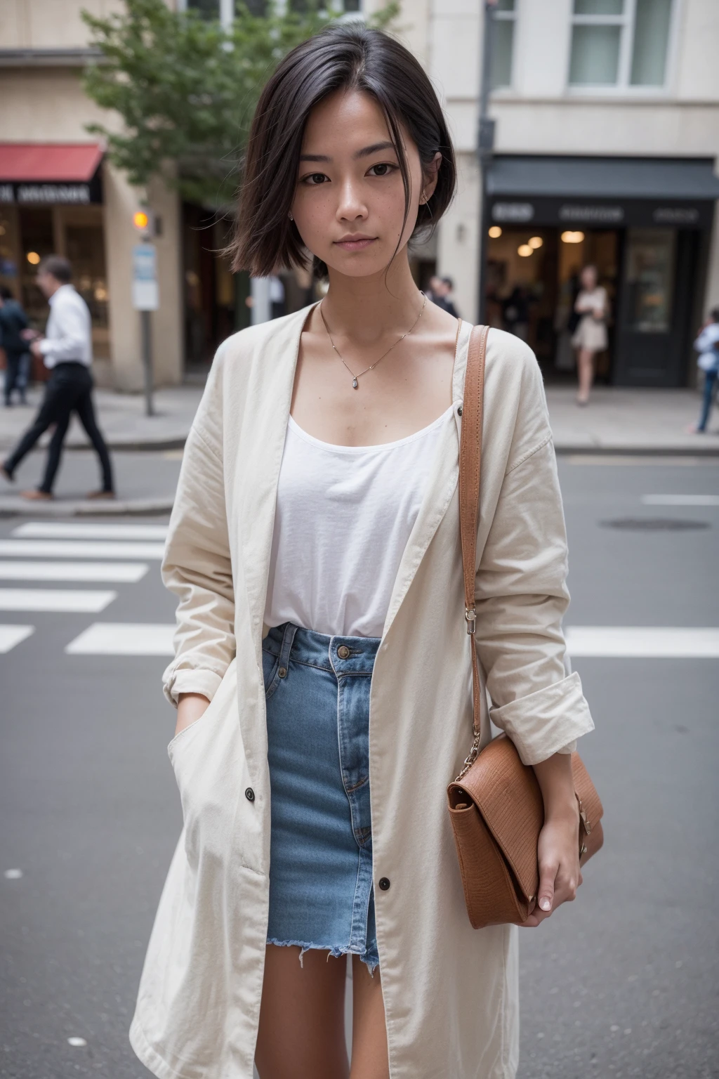 a perfect medium photo of a normal woman on the street, glancing at you