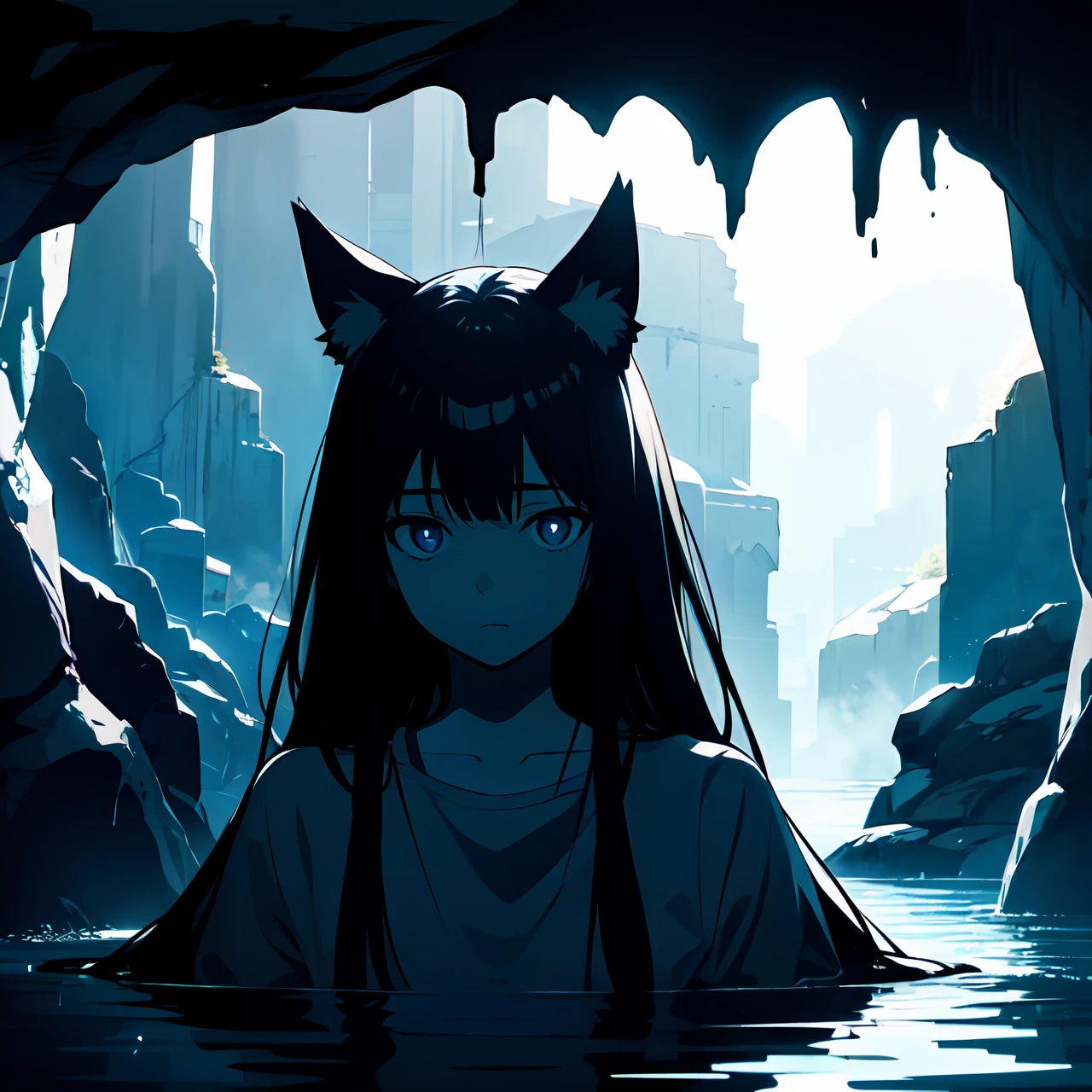 solo, wolf ears, cave, underground, sad, blue eyes, black hair, 1girl, water, ((dark lighting, dark, night, low color gamma)), fog