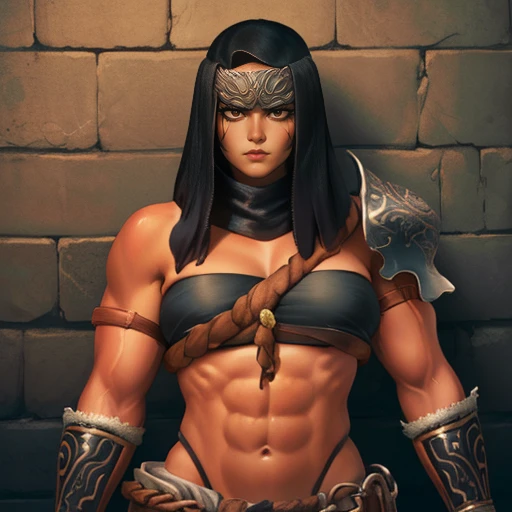 Nepheli,black hair, black cowl,muscular,thighs,brown eyes,dark make-up,  upper body, close up, arms folded,
NepAttire,shoulder armor,strapless,midriff,bracer,chain,barefoot, 
dark dungeon, torches on wall,
(insanely detailed, beautiful detailed face, masterpiece, best quality)    <lora:Nepheli-09:0.8>