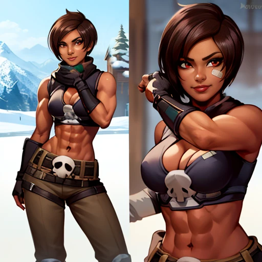 Kinessa,short brown hair, red eyes ,toned ,dark skin, abs, standing, smiling, 
Kigear, bandaid on face,midriff,fingerless gloves,belt with a skull,boots,crop top, cleavage, 
snow mountain,
(insanely detailed, beautiful detailed face, masterpiece, best quality)     <lora:Kinessa-10:0.7>