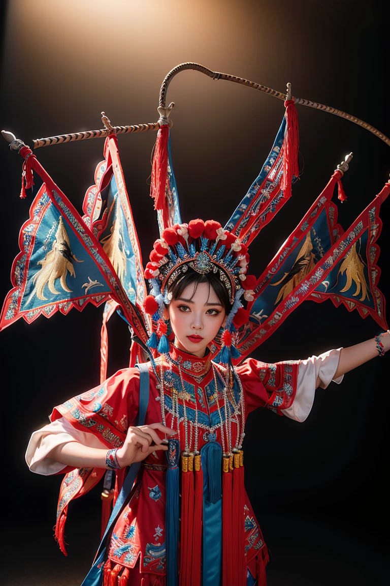 8k, RAW photo, best quality, masterpiece, realistic, photo-realistic, ultra detailed,
1 girl, CNOperaCrown, from front, looking at viewer, makeup, headdress, (((CNOperaFlag))), flag from back, holding, upper body, tassel,