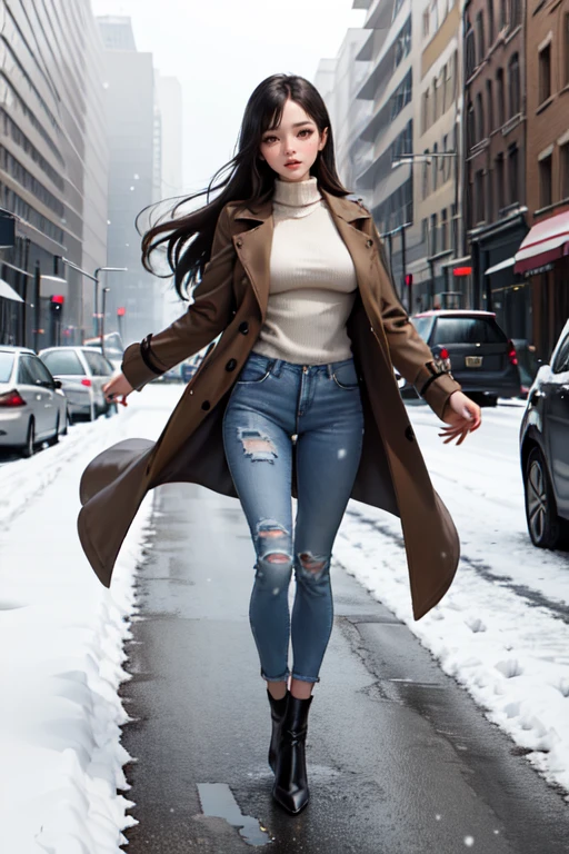 photography, medium hair layered cut,thigh gap, medium_big breasts, Dynamic Background, masterpiece, highres, hyper_quality, sidelighting, intricate_details, brown eyes, black hair, very long Hair, brown trench coat, sweater, jeans, white socks, black high heels, seduced_face, full body, daylight, city, street, building, winter background, snowing, Christmas tree, {{{solo}}}, 1girl
