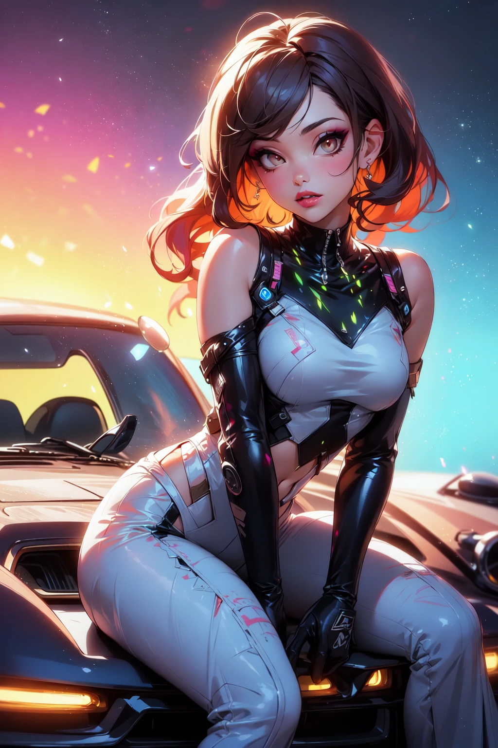 (Masterpiece:1.2), best quality, (illustration:1.2),(Masterfully crafted Glow, lens flare), (ultra-detailed), hyper details, (delicate detailed), (intricate details), synthwave, (cinematic light, best quality Backlights), clear lines, solo female, solo female, perfect body, (1girl), Sitting on car, cyberpunk, (bioluminescent hair), (glowing eyes), (Dynamic:1.2), ((makeup)), high contrast, (best illumination, an extremely delicate and beautiful), ((cinematic light)), colourful, powerful, (Cinematic masterpiece), supercar, splashes of colour, absolutely eye-catching, ((colourful paint splashes on  background, dulux,)), ((caustic)), dynamic angle, beautiful detailed smoke, (Captivating),(Intricately Detailed Cinematic synthwave city:1.1), ambient occlusion, ambient light, ray-traced reflections, vaporwave colour palette