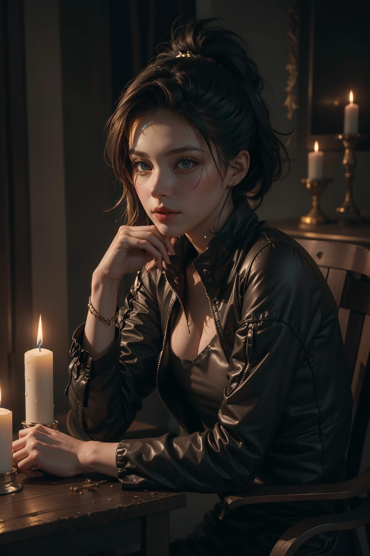 1girl, dynamic angle, splash art,  octane render, Dutch angle shot of a Mennonite Female Abjurer, Mohawk hair, cyber noir, Candle light, Depth of field 270mm, Kodak portra, official art, unity 8k wallpaper, ultra detailed, aesthetic, masterpiece, best quality, photorealistic
