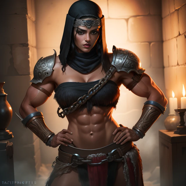 Nepheli,black hair, black cowl, metal headband,  muscular, thighs, brown eyes, standing, hands on hips, dark make-up,
NepAttire,shoulder armor,strapless,midriff,bracer,chain,
dark dungeon, torchlight,
(insanely detailed, beautiful detailed face, masterpiece, best quality) <lora:Nepheli-10:0.7>