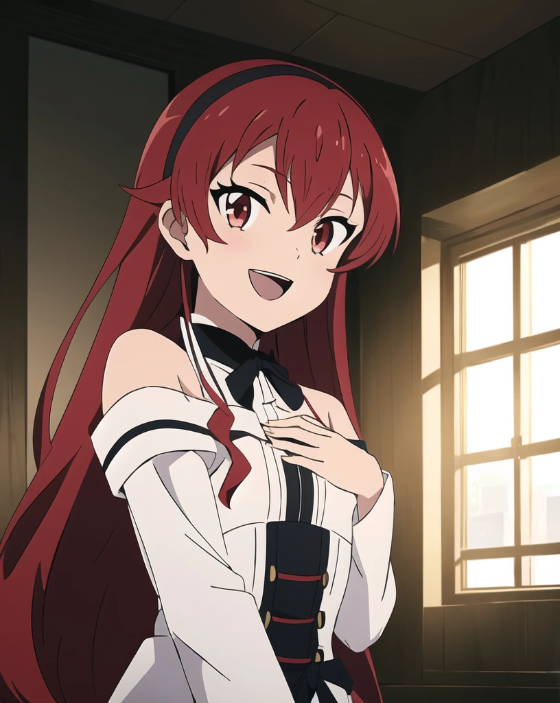 mushoku tensei style, eris greyrat, masterpiece, ultra-detailed, highly detailed, best quality, 1girl, hands behind back, looking at viewer, solo, :d, red hair, long hair, red eyes, hair between eyes, black hairband, bare shoulders, long sleeves, window, indoors, sunny, dimly lit, dark studio, rim lighting, <lora:mushoku_tensei_style_offset:1>