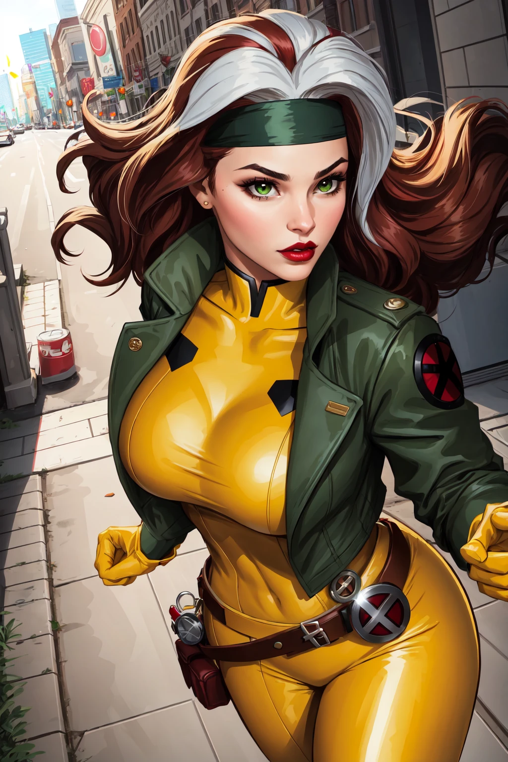 Rogue, Classic, Superhero, Southern Belle,  looking at viewer, large breasts, voluptuous, jacket, parted lips,belt, open jacket,  lips, covered navel, makeup, headband, outstretched arm, lipstick, multicolored clothes, buckle,  belt buckle, red lips,  yellow gloves, specular highlights, Rogue of the X-men, nice hands, dynamic angle, dynamic lighting, side lighting, rim lighting, sci fi <lora:Rogue:0.5>