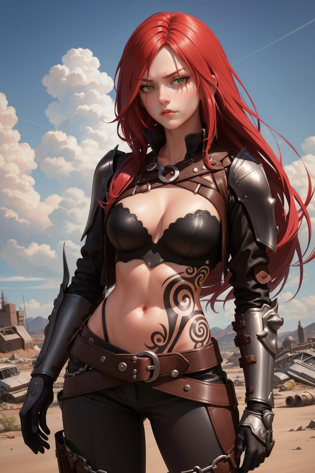 masterpiece, best quality, katarina, (scar over eye), armor, cropped jacket, cleavage, bustier, midriff, belt, black pants, upper body, standing, furrowed brow, serious expression, glare, looking at viewer, wasteland, sky, clouds <lora:katarina-nvwls-v2-000010:0.9>