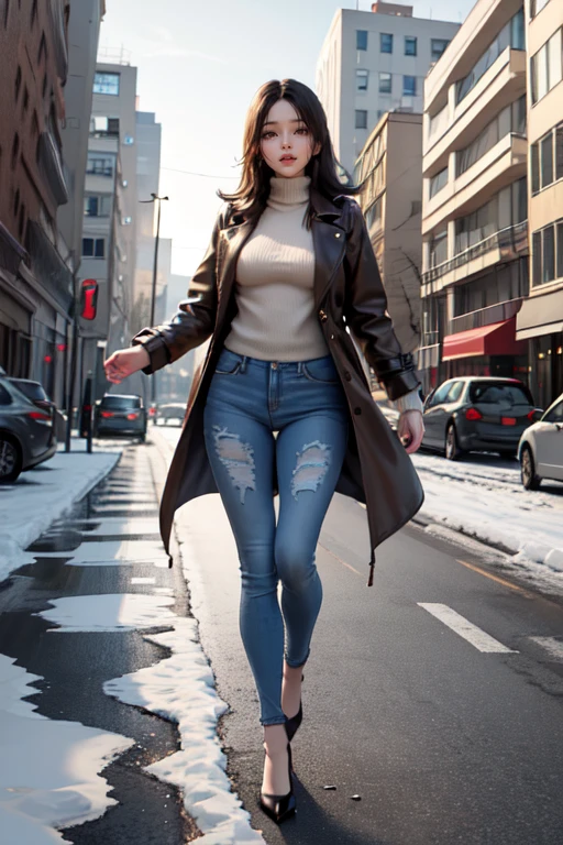 photography, medium hair layered cut,thigh gap, medium_big breasts, Dynamic Background, masterpiece, highres, hyper_quality, sidelighting, intricate_details, brown eyes, black hair, very long Hair, brown trench coat, sweater, jeans, white socks, black high heels, seduced_face, full body, daylight, city, street, building, winter background, snowing, Christmas tree, {{{solo}}}, 1girl