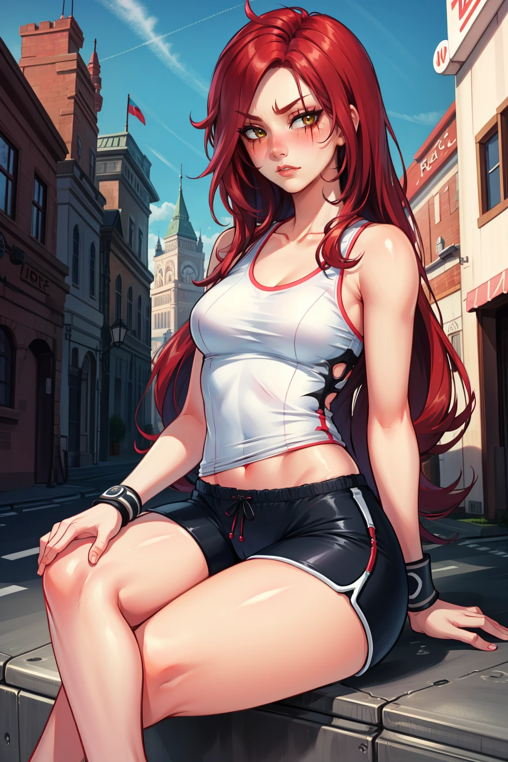 masterpiece, best quality, katarina, scar over eye, white tank top, spandex shorts, wristbands, looking at viewer, blushing, furrowed brow, sitting, street <lora:katarina-nvwls-v2-000010:0.8>