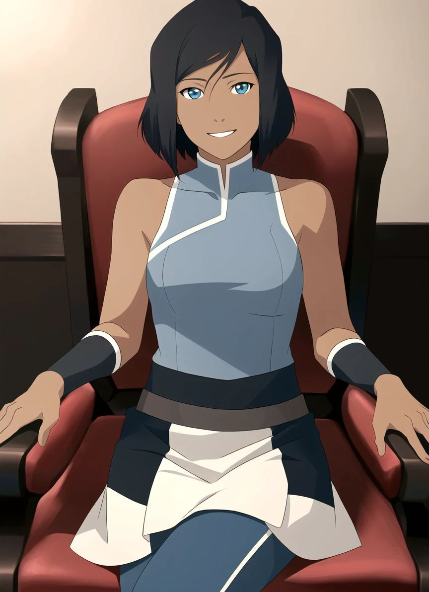 the legend of korra, masterpiece, best quality,  solo, 1girl, korra, dark skin, dark-skinned female, smile, looking at viewer, sitting in a chair, short hair, sleeveless, bare shoulders <lora:the_legend_of_korra_offset:1><lyco:thelegendofkorra_korra-10:1.0>