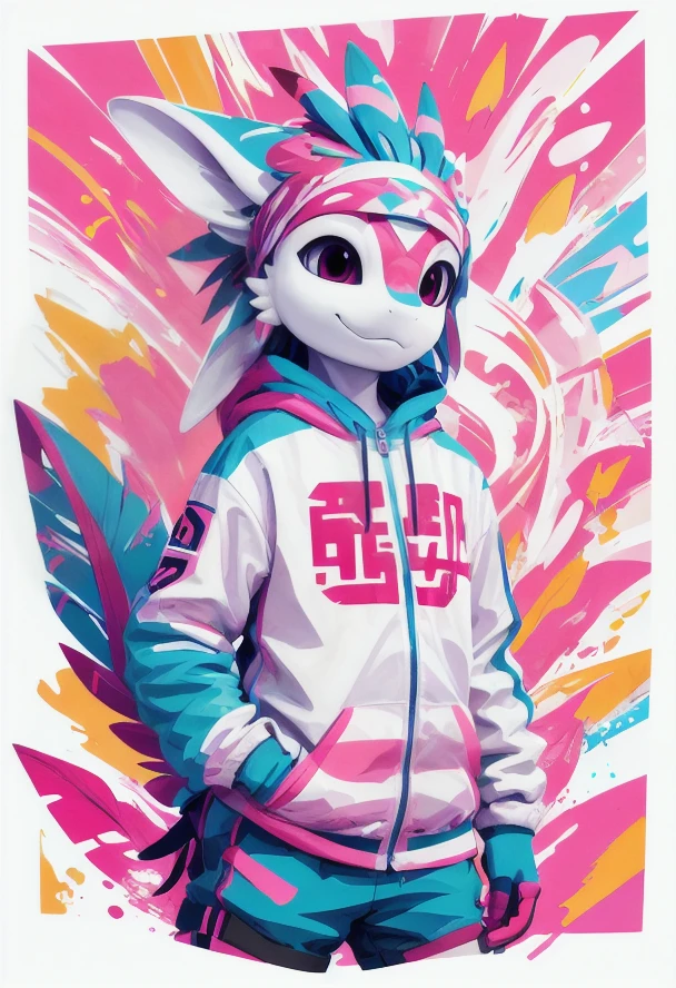 avali, bandana, portrait, painting, hi one hand sign, feather in the background, colorful background, 3/4 view, three-quarter view, swaggy, smiling, techwear hoodie, cute
<lora:vrcfurry_v3.1:1>  <lora:gachaSplashLORA_gachaSplash31:1>