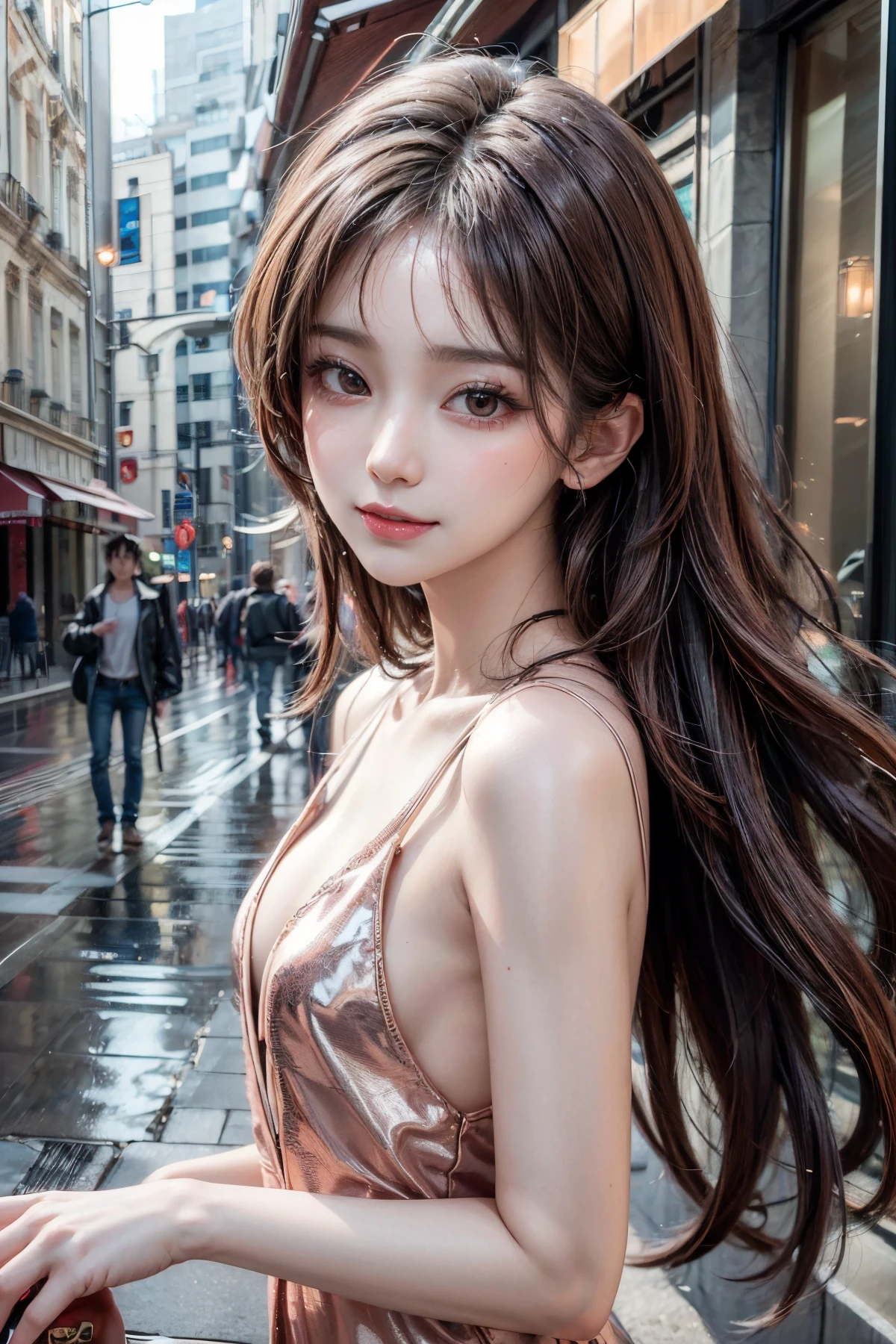 Best quality, masterpiece, ultra high res, (photorealistic:1.4), (((highly intricate details)), beautiful lighting, 1girl, shiny skin:1 <lora:add_detail:1.2> 1girl, (((depth of field))), pov, small breasts, 
cowboy shot, romantic,  seductive smile, (blush:1.2),  pale and lustrous skin, 
portrait, a photography of a beautiful girl, detailed face, seductive smile, (blush:1.2),
standing, 
street, 
(1man,  adult  male:1.2),  grey eyes, copper goatee,,
BREAK
<lora:pureInnocentGirl_v10(Pure_Innocent_girl):0.5:CFACE>, Pure_Innocent_girl, pureerosface_v1,
vivid,detailed, realistic, beautiful, stunning lighting, stunning reflections,