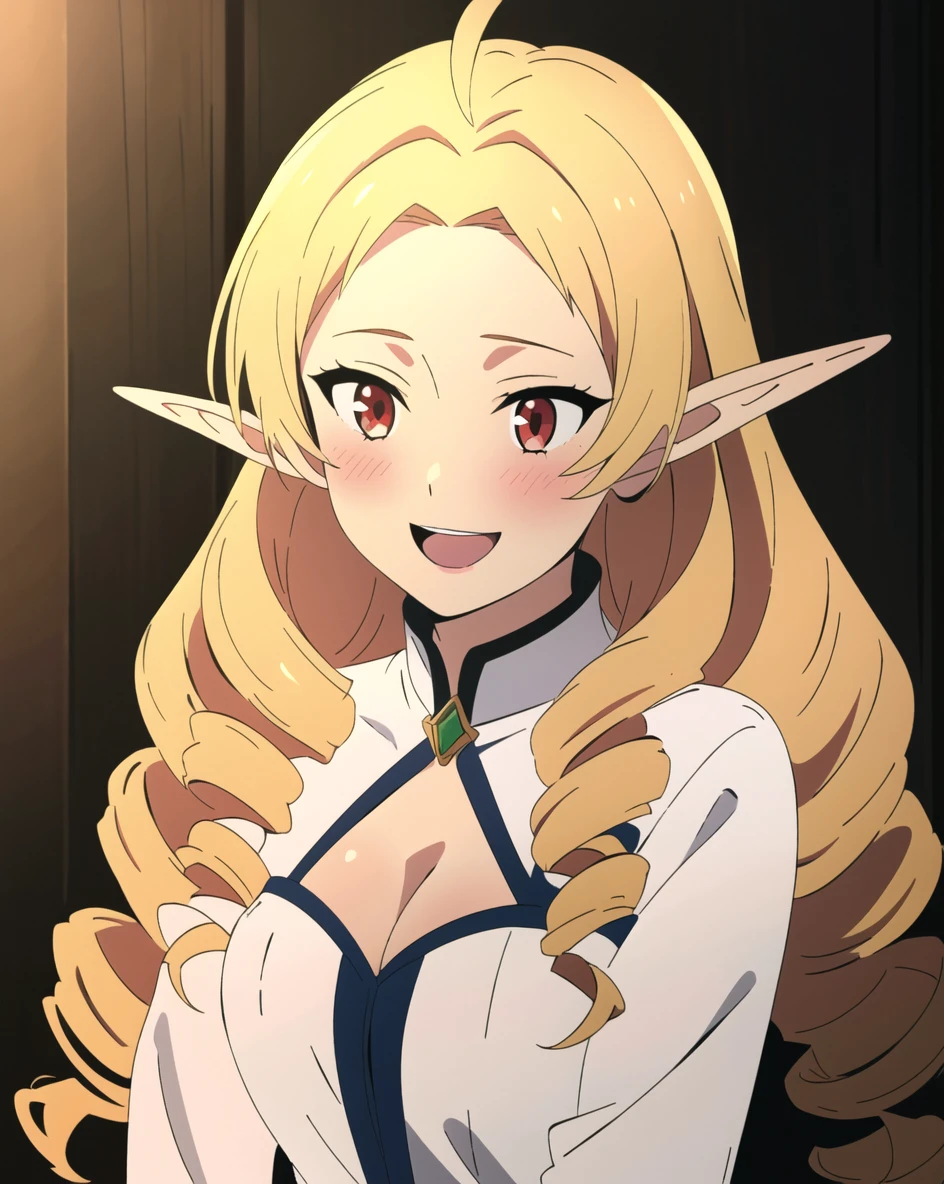 mushoku tensei style, blonde hair, 1girl, long hair, blush, anime coloring, smile, open mouth, red eyes, elf, drill hair, pointy ears, cleavage, ((masterpiece)) <lora:mushoku_tensei_style_offset:1>