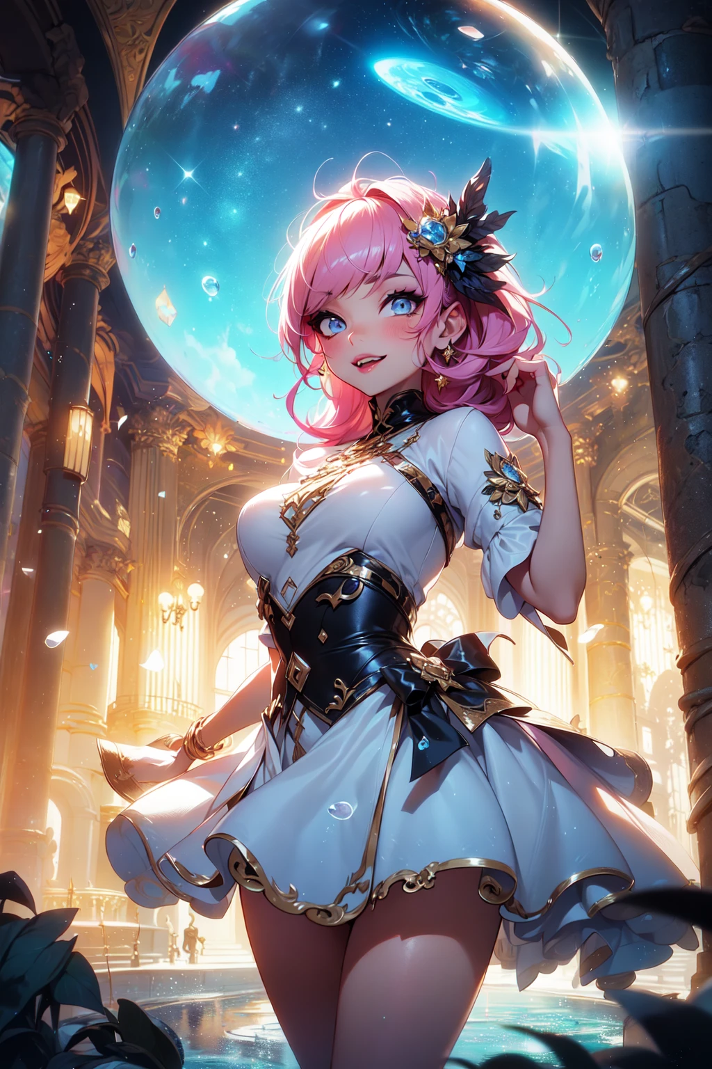 (Masterpiece:1.2), best quality, (illustration:1.2), (ultra-detailed),Eye focus,(Masterfully crafted Glow, pink lens flare), (Cinematic background), hyper details, (delicate detailed), (intricate details), octane render, hdr, (hyperdetailed:1.15), (((colourful))),(soft light:1.2), 1girl, beautiful girl, ultra detailed eyes, mature, plump, thick, rainbow painting drops, paint teardrops, woman made up from paint, entirely paint, splat, splash, outdoors, (bioluminescent hair:1.1),(glowing eyes), ((makeup)),(Cinematic masterpiece), fierce, powerful, splashes of colour absolutely eye-catching, (Cinematic headlight), ((caustic)), dynamic angle, beautiful detailed glow, ambient occlusion, ambient light, raytraced reflections,(best illumination, an extremely delicate and beautiful), ((cinematic light)), (soft:2),(Isekai event), portal into another world, chasing dreams, , (curious), (mysterious), (Exploring new world), (whimsical:2) , intricate background, vibrant, spirits, (bubbly smile),dreamscape, skyscraper, (tree of life), swirl, magic circle, 2 legs, 2 arms