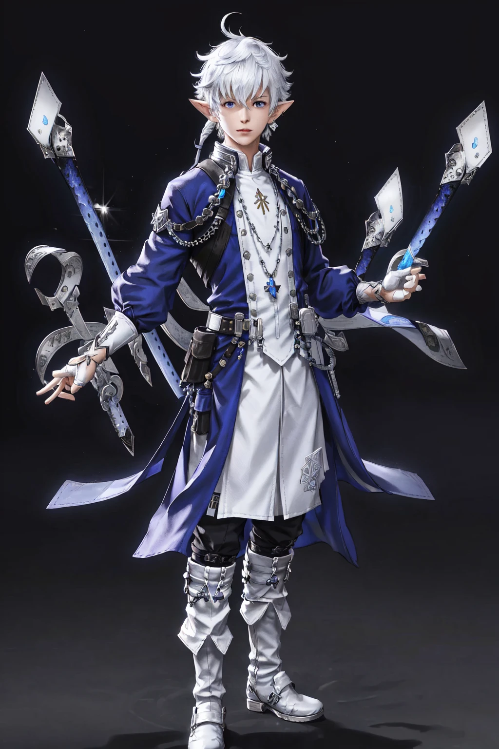 Alphinaud, long hair, looking at viewer, blue eyes, simple background, shirt, gloves, long sleeves, white background, ribbon, jewelry, standing, full body, white shirt, weapon, ahoge, boots, parted lips, belt, pants, white gloves, necklace, coat, hand on hip, black pants, white footwear, knee boots, blue ribbon, floating, single earring, pouch, belt pouch, blue coat, floating object, earclip, floating weapon, specular highlights, <lora:Alphinaud:0.8>