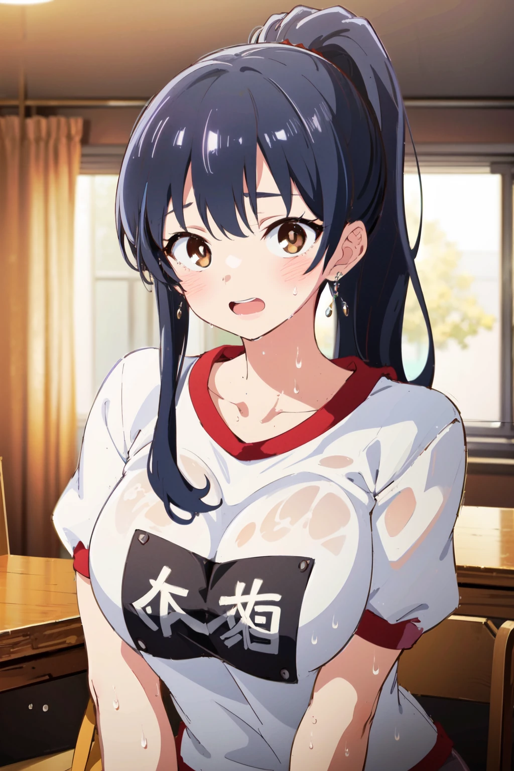 ,(Masterpiece:1.2, high quality), (pixiv:1.4),Anna yamada,large breast,
1girl, solo, gym uniform, brown eyes, shirt, sweat, ponytail, blush, looking at viewer, blue hair, breasts, open mouth, wet, white shirt, short sleeves, name tag, wet clothes, collarbone, upper body, gym shirt, large breasts
 <lora:Anna yamada_20230605161055-000020:0.8>