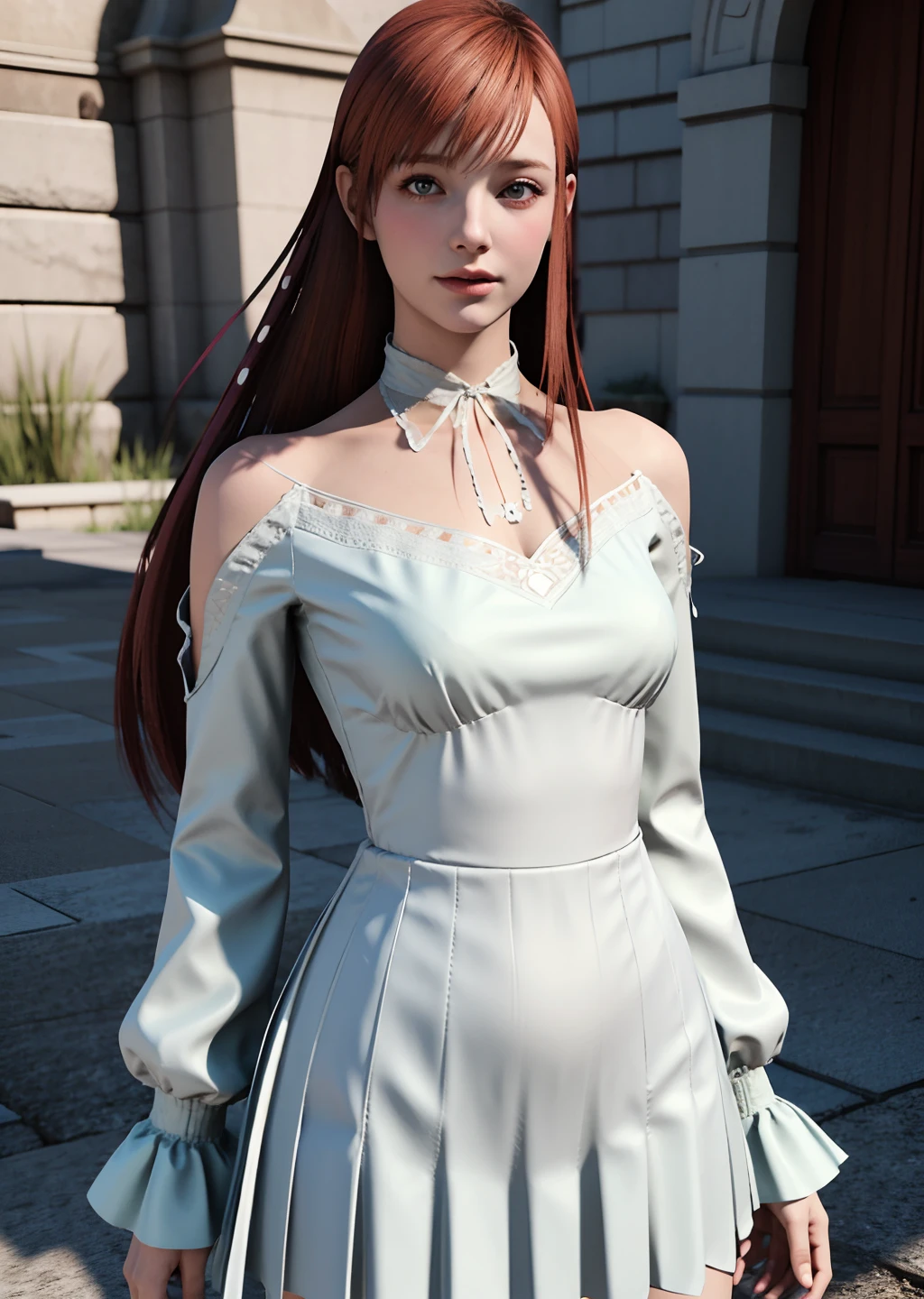 (8k, RAW photo, best quality, masterpiece:1.2), (realistic, photo-realistic:1.37), ultra-detailed, 1 girl,cute, solo,beautiful detailed sky,(nose blush),(closed mouth) medium breasts,beautiful detailed eyes,(collared shirt:1.1), pleated skirt,(long hair:1.2),floating hair, white dress, long_sleeves, orange hair, see-through, off shoulder, <lora:lin1.1:0.77>