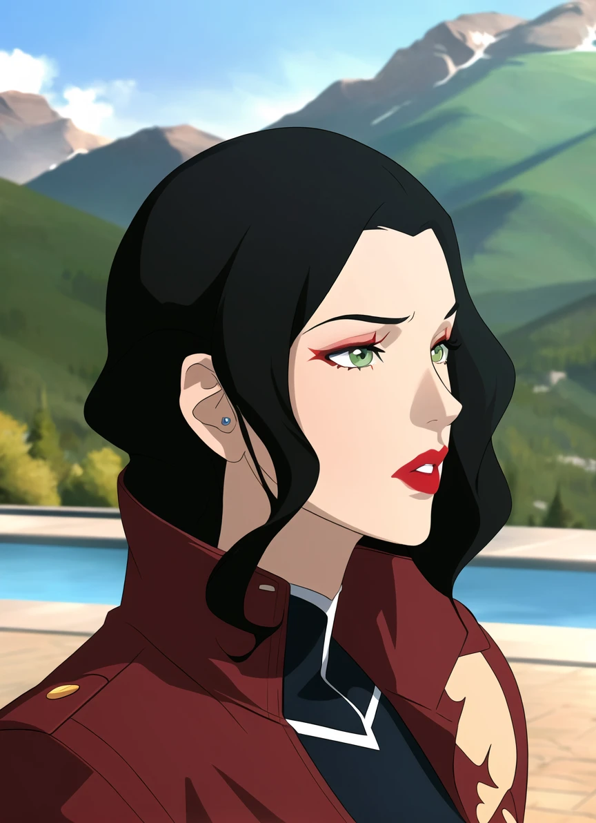 the legend of korra, masterpiece, best quality, 1girl, solo, lipstick, makeup, black hair, green eyes, red lips, looking to the side, outdoors, jacket,  looking away, portrait  <lora:the_legend_of_korra_offset:1>