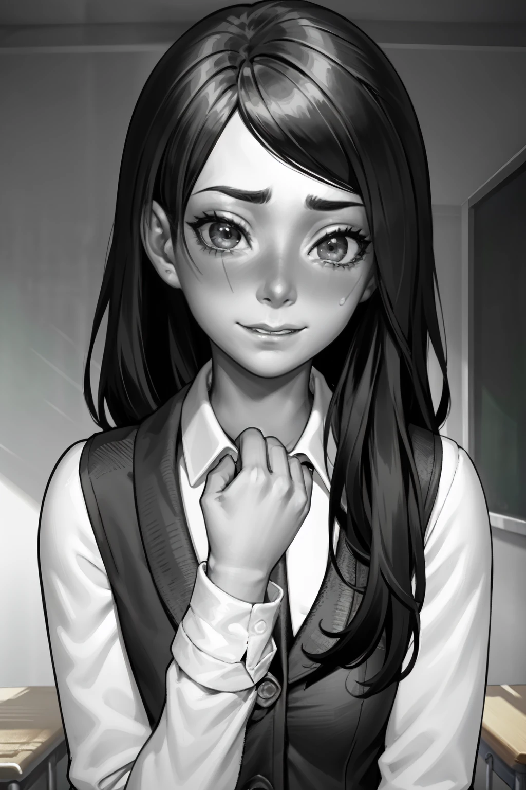masterpiece, 1 girl, black hair, long hair, white shirt, black skirt, erotica, standing, little smile,