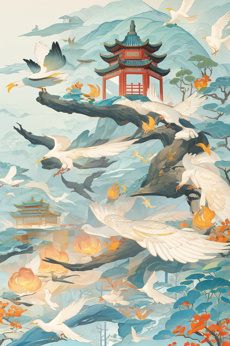 guofeng,building,(bird:0.8),chinese style,illustration,masterpiece,best quality,illustration,no humans,