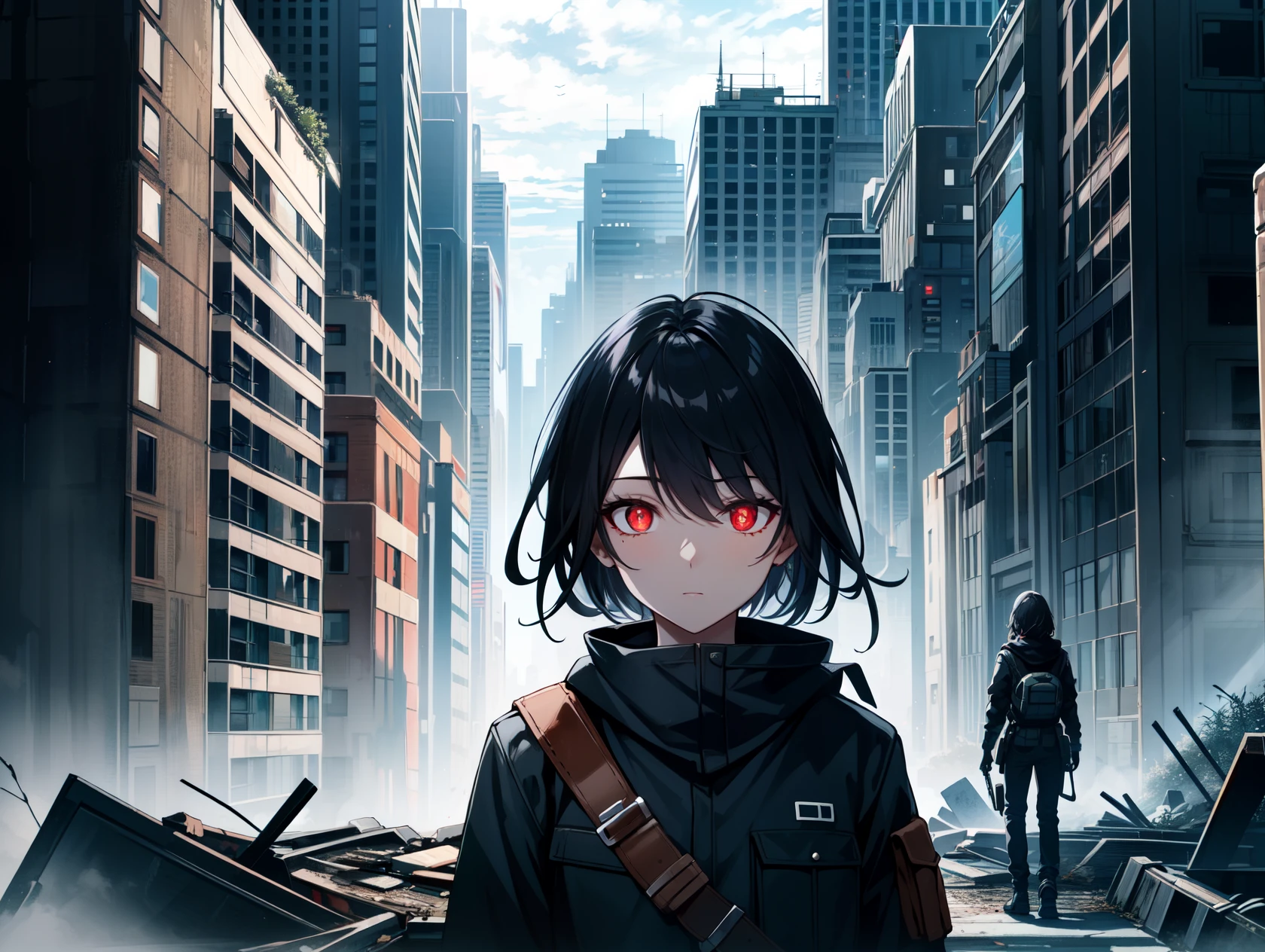 postapocalyptic city, ruins, wasteland, (night, dark, dark lighting, darkness), night sky, 1girl, black_hair, expressionless, red_eyes, glowing_eyes, looking_at_viewer, fog, solo_focus, long_hair
