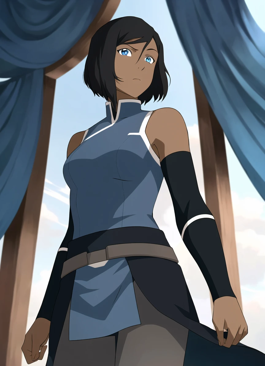 the legend of korra, masterpiece, best quality, 1girl, solo, dark skin, dark-skinned female, black hair, bare shoulders, blue eyes, short hair, looking at viewer, <lora:the_legend_of_korra_offset:1>