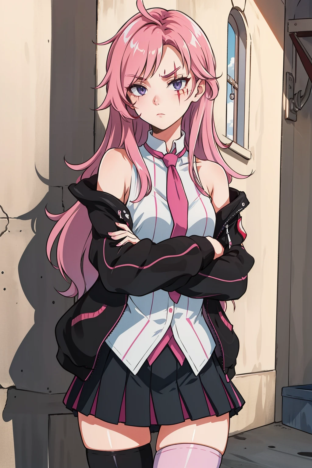 masterpiece, best quality, academiaKat, scar over eye, white shirt, necktie, bare shoulders, black jacket, black skirt, thighhighs, cowboy shot, crossed arms, furrowed brow, serious expression, schoolhouse, courtyard <lora:katarina-nvwls-v2-000010:0.9>