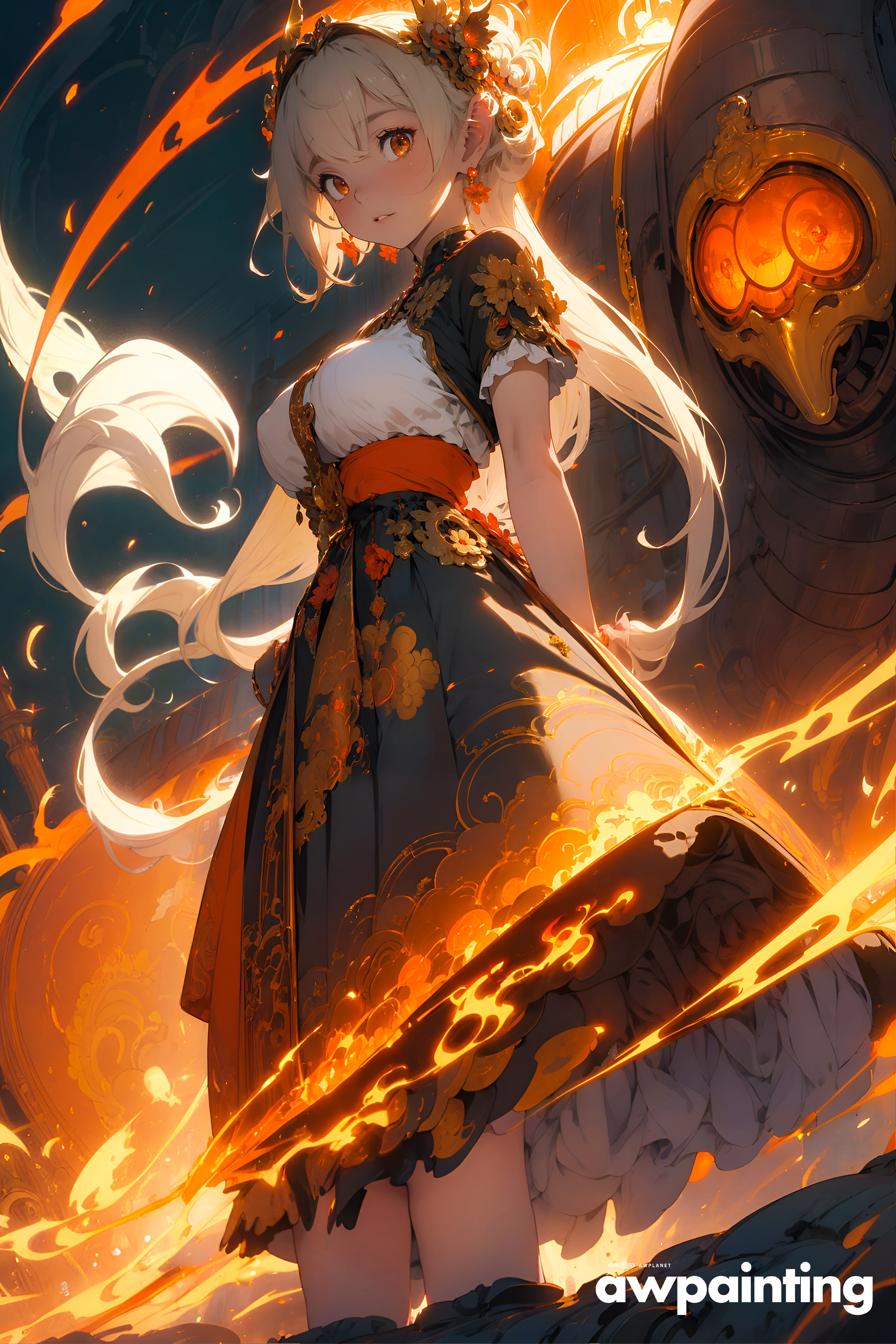 (masterpiece, top quality, best quality, official art, beautiful and aesthetic) a anime woman and a machine he was using, in the style of ornate complexity, dark orange and light bronze, abstraction-création, elaborate costumes, light crimson and gray, varying perspectives, light gold and bronze