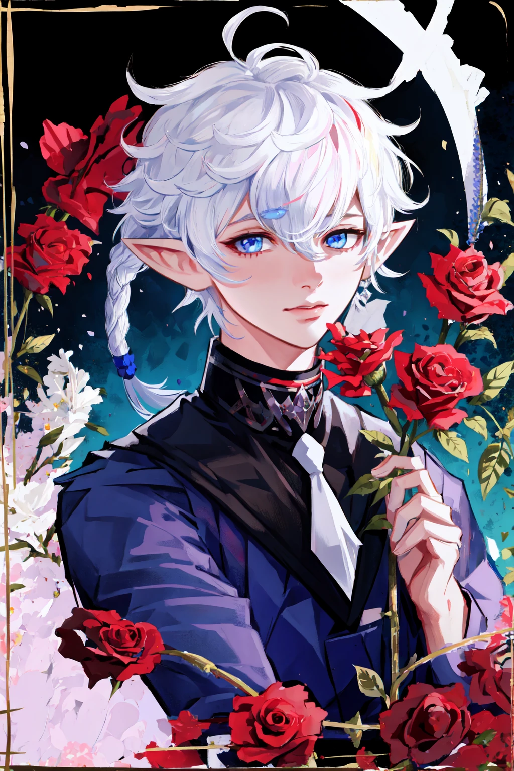 Alphinaud,looking at viewer, blue eyes, shirt, holding, upper body, braid, flower, hair over one eye, black shirt, single braid, rose, border, red flower, portrait, braided ponytail, holding flower, specular highlights, detailed face, detailed eyes, detailed fabric, detailed skin, <lora:Alphinaud:0.8>