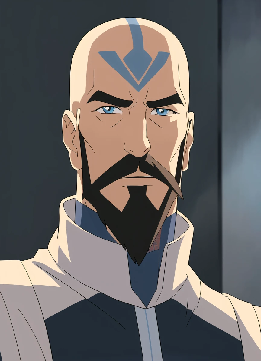 the legend of korra, masterpiece, best quality, 1boy, male focus, solo, facial hair, bald, mustache, blue eyes, tattoo, beard, looking at viewer, manly <lora:the_legend_of_korra_offset:1>