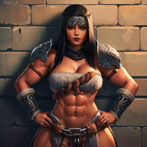 Nepheli,black hair, black cowl,muscular,thighs,brown eyes, hands on hips, dark make-up,  thighs,  
NepAttire,shoulder armor,strapless,midriff,bracer,chain,
dark dungeon, torches on wall,
(insanely detailed, beautiful detailed face, masterpiece, best quality)    <lora:Nepheli-09:0.8>