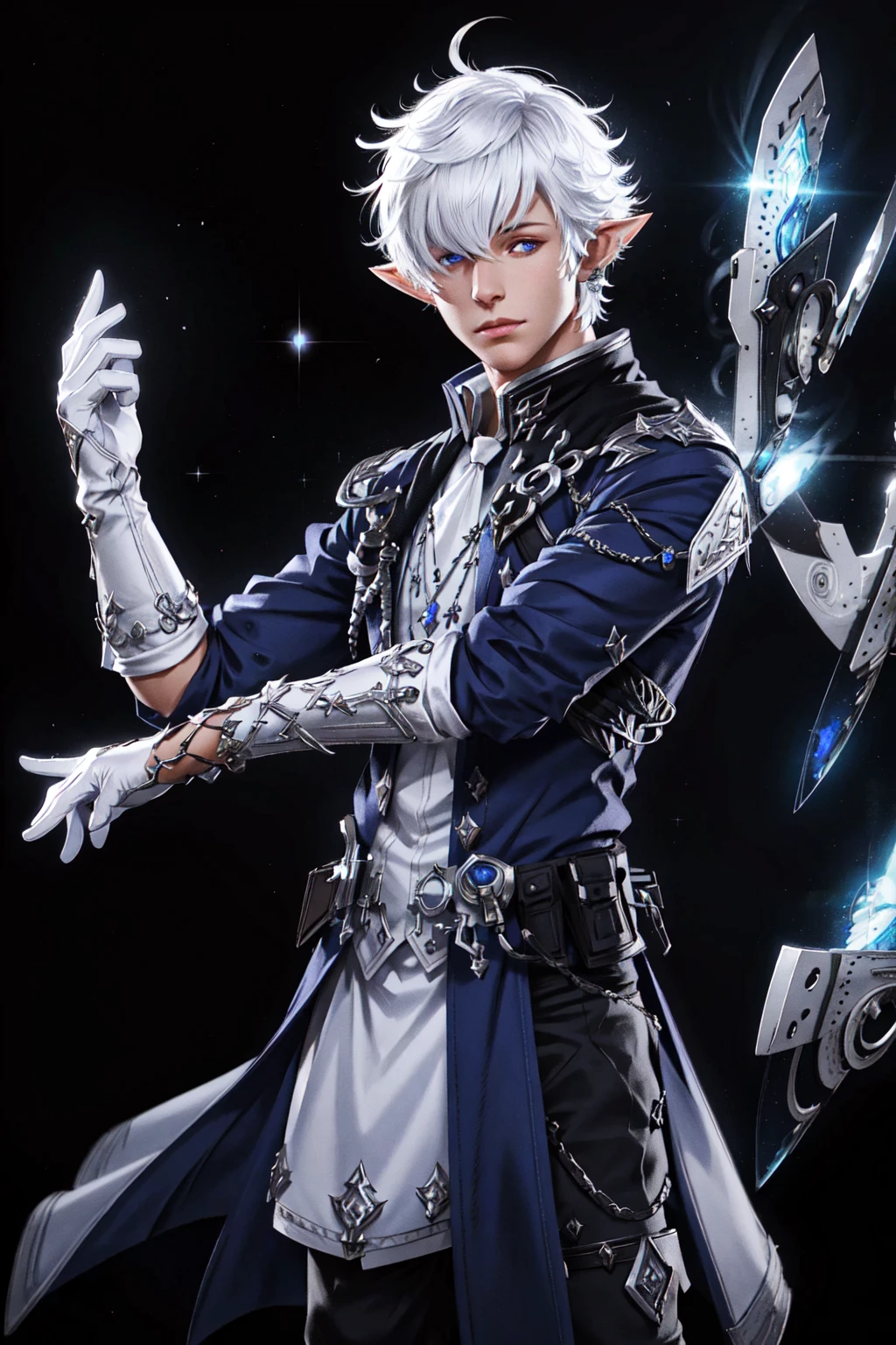 Alphinaud, looking at viewer, gloves, jewelry, upper body, floating weapon, floating object, magic, glowing, white gloves, hair over one eye,motion blur, specular highlights, detailed face, detailed eyes, detailed fabric, detailed skin, <lora:Alphinaud:0.6>