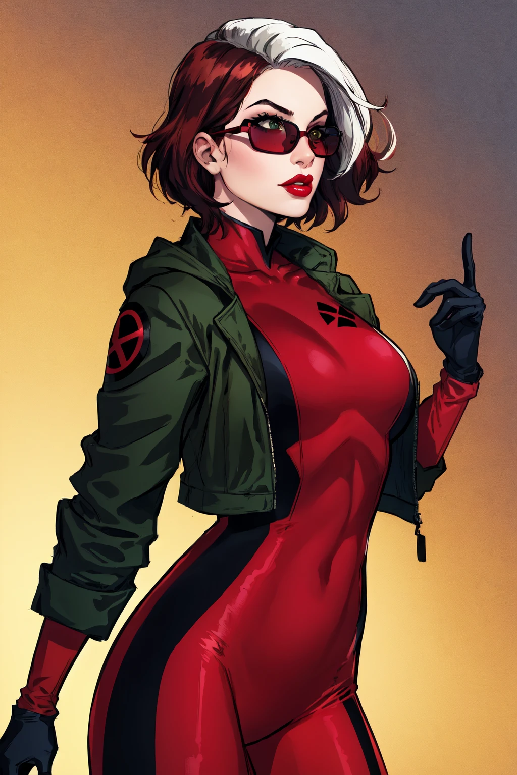 Rogue, Xtreme, short hair, large breasts, cowboy shot, red bodysuit, jacket, parted lips, glasses, lips, makeup, sunglasses, lipstick, red lips, tinted eyewear <lora:Rogue:0.7>