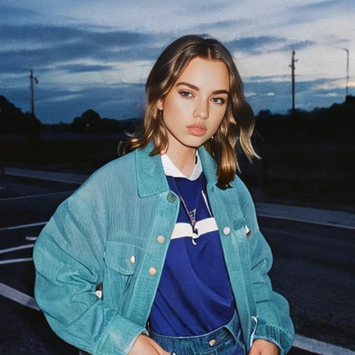 90s flash photo, empty road, beautiful girl in blue sport jacket, serious face, in front of camera, best quality, masterpiece, raw photo, film photo, <lora:90sflash_v2:0.8>
