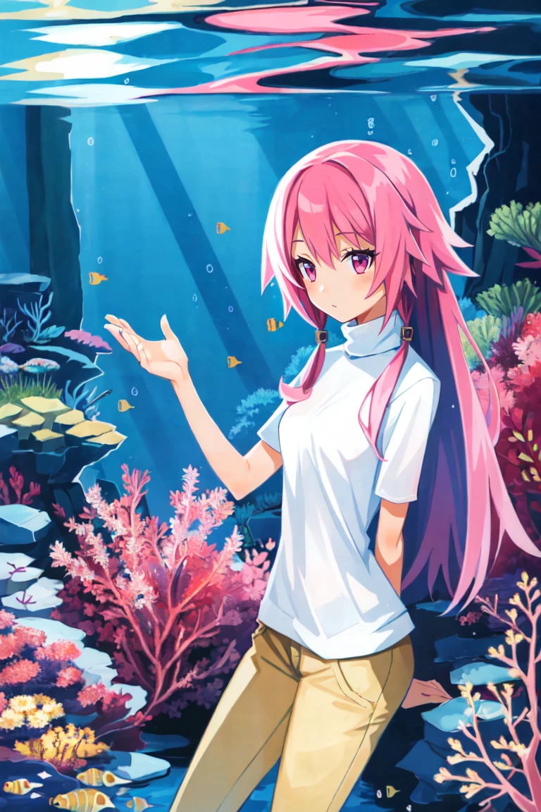 masterpiece, best_quality, 1girl, solo, turtleneck, pants rolled up, pink hair, spidery, underwater