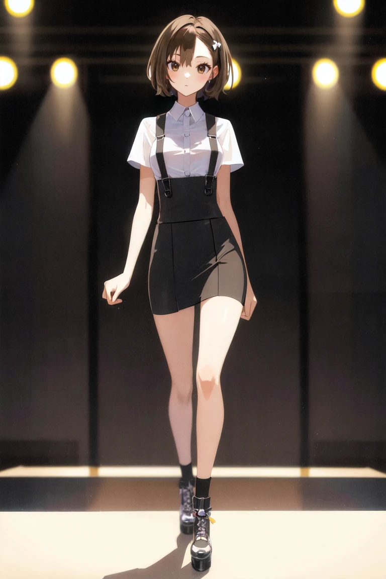 masterpiece, best_quality, 1girl, solo, stringer, suspender skirt, brown hair, broad-shouldered, on a catwalk