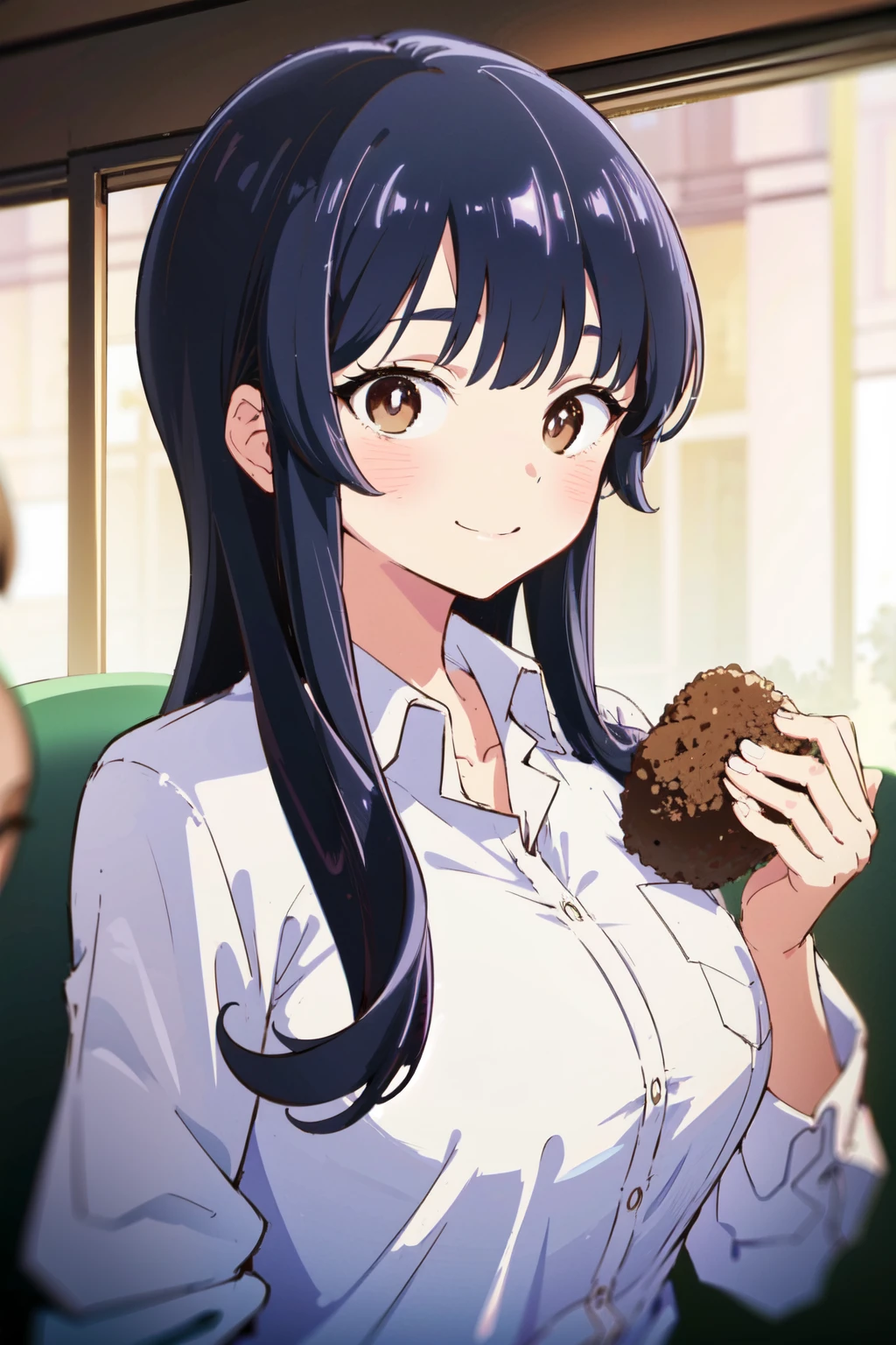 ,(Masterpiece:1.2, high quality), (pixiv:1.4),Anna yamada,large breast,
1girl, onigiri, black hair, food, solo, shirt, long hair, brown eyes, looking at viewer, white shirt, holding food, blush, upper body, holding, smile, collared shirt, indoors, dress shirt, bangs,show claevage,
<lora:Anna yamada_20230605161055-000020:0.8>
