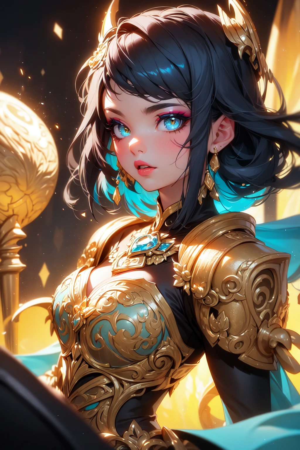 (Masterpiece:1.2), best quality, (illustration:1.2), enticing,(Masterfully crafted Glow, lens flare), (ultra-detailed), hyper details, (delicate detailed), (intricate details), (cinematic light, best quality Backlights), clear line, solo female, solo female, perfect body, (1girl), bioluminescent hair, glowing eyes, slightly close eyes, fantasy, (Dynamic:1.2), ((makeup)), high contrast, (best illumination, an extremely delicate and beautiful), ((cinematic light)), colourful, powerful, (Cinematic masterpiece), photoshoot, Fate Grand Order, mythic, splashes of colour, absolutely eye-catching, ((colourful paint splashes on background, dulux,)), ((caustic)), dynamic angle, beautiful detailed lights, (Captivating),(Intricately Detailed Cinematic Golden Colosseum:1.1), ambient occlusion, ambient light, ray-traced reflections, intricately detailed glint blade phalanx, subsurface scattering, (glint blade phalanx:1.2)