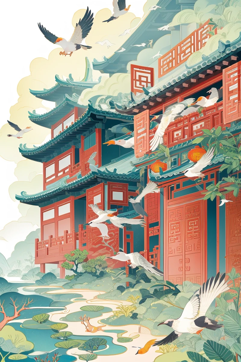 guofeng,building,(bird:0.8),chinese style,illustration,masterpiece,best quality,illustration,no humans,