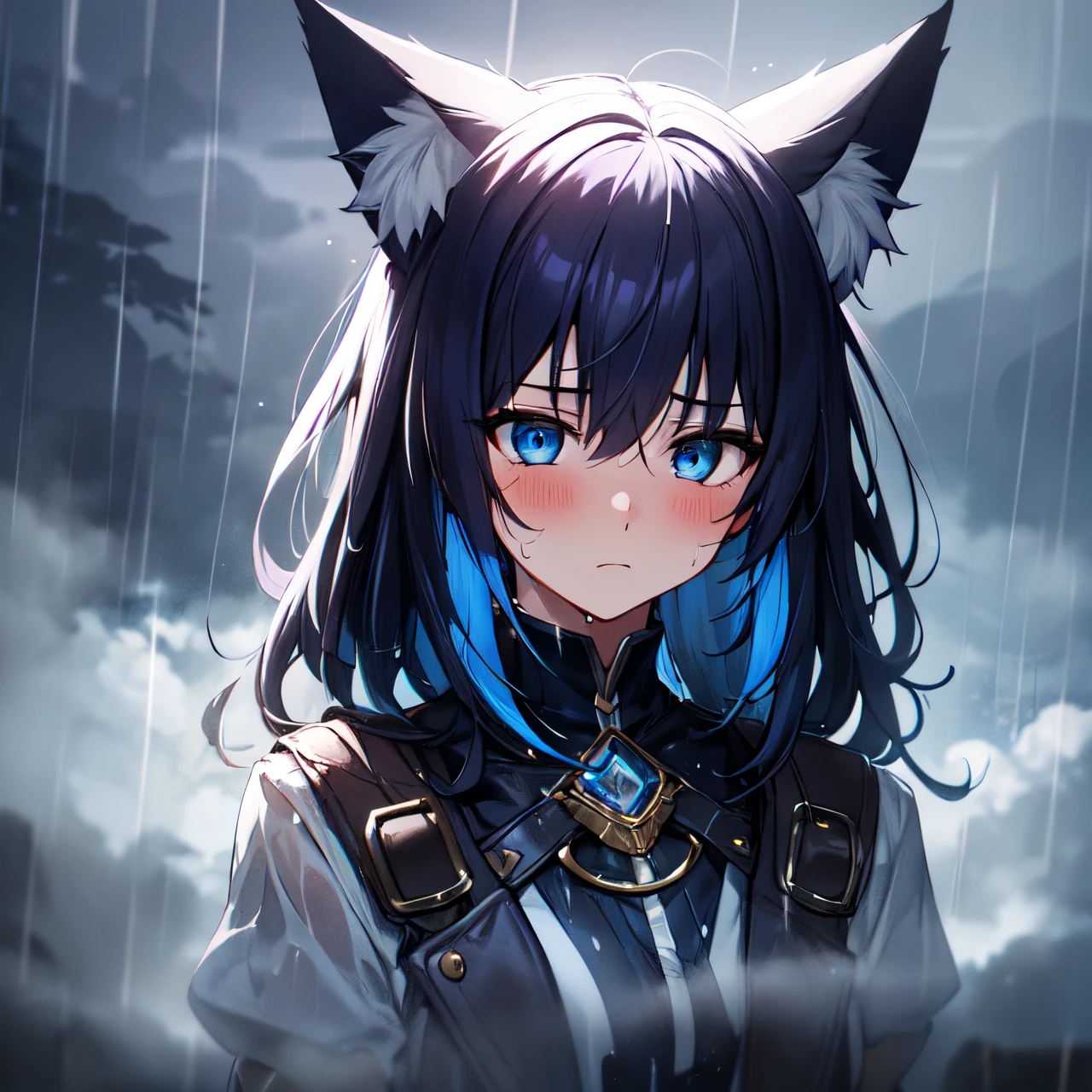 solo, 1girl, fantasy town, crystal, blue eyes, black hair, animal ear fluff, blue fog, sad, purple fog, storm, thunder, wet, rain, night, colored inner hair, detailed background, blush