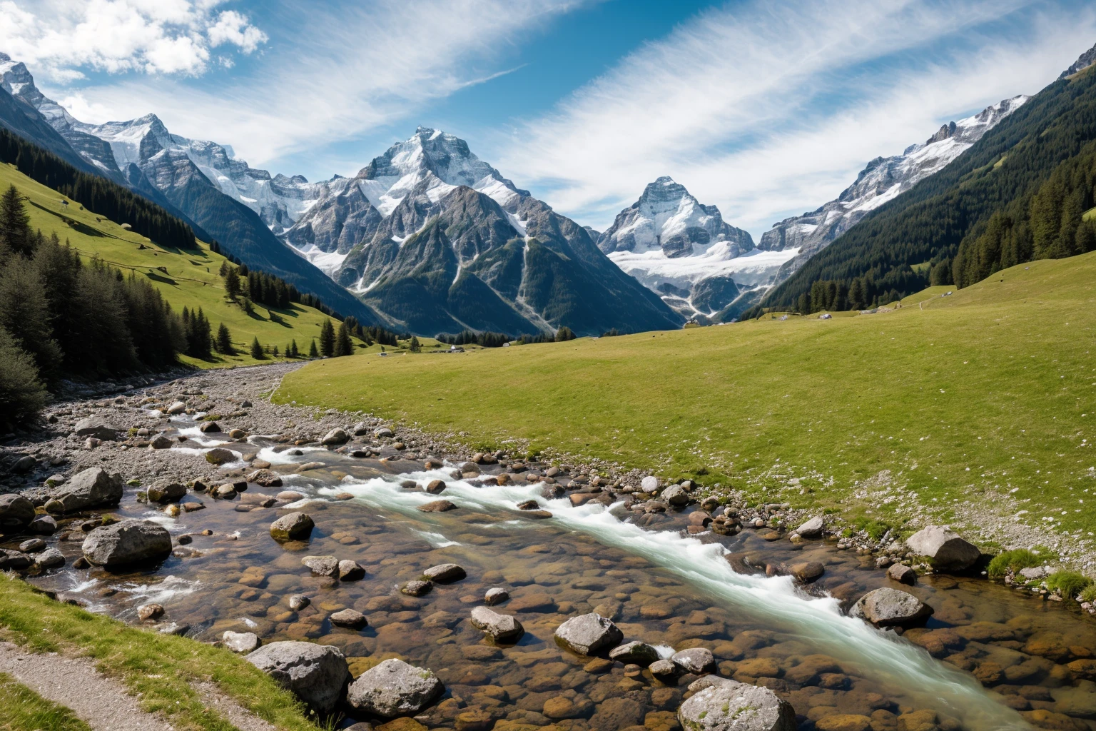 RAW photo of a creek running through the swiss alps