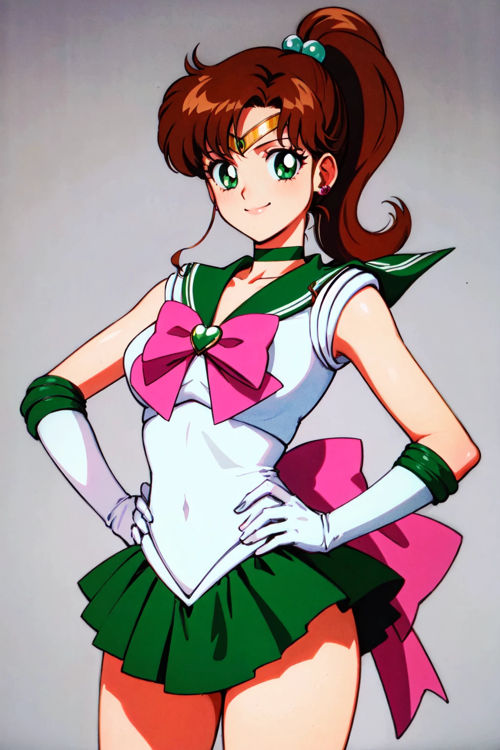 masterpiece, best quality, highres, hmjupiter, green eyes, ponytail, tiara, jewelry, sailor senshi uniform, green sailor collar, choker, elbow gloves, white gloves, pink bow, brooch, leotard, green skirt, <lora:sailor_jupiter_v1:0.7>, cowboy shot, smile, 1990s \(style\), hand on hip,