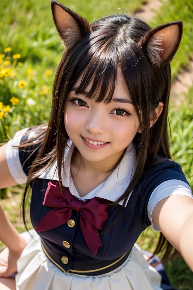 1girl,teenage,japanese idol,beautiful and cute face,smile ,school uniform,horse ears,twin drills,light brown hair,meadow,dim lighting,from above
