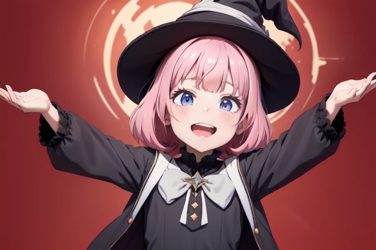 masterpiece,(best quality, high quality, highres:1.2), a woman in a witches hat and black dress with lights behind her and a pink background with a starburst, blurry, depth_of_field, facing_viewer, red_background, red_sky, smile, solo, bloodborne, a hologram, magical realism, (flat_color:1.1), (anime_coloring:1.1), (realistic_nose:-0.8),(megami magazine:1.1)
