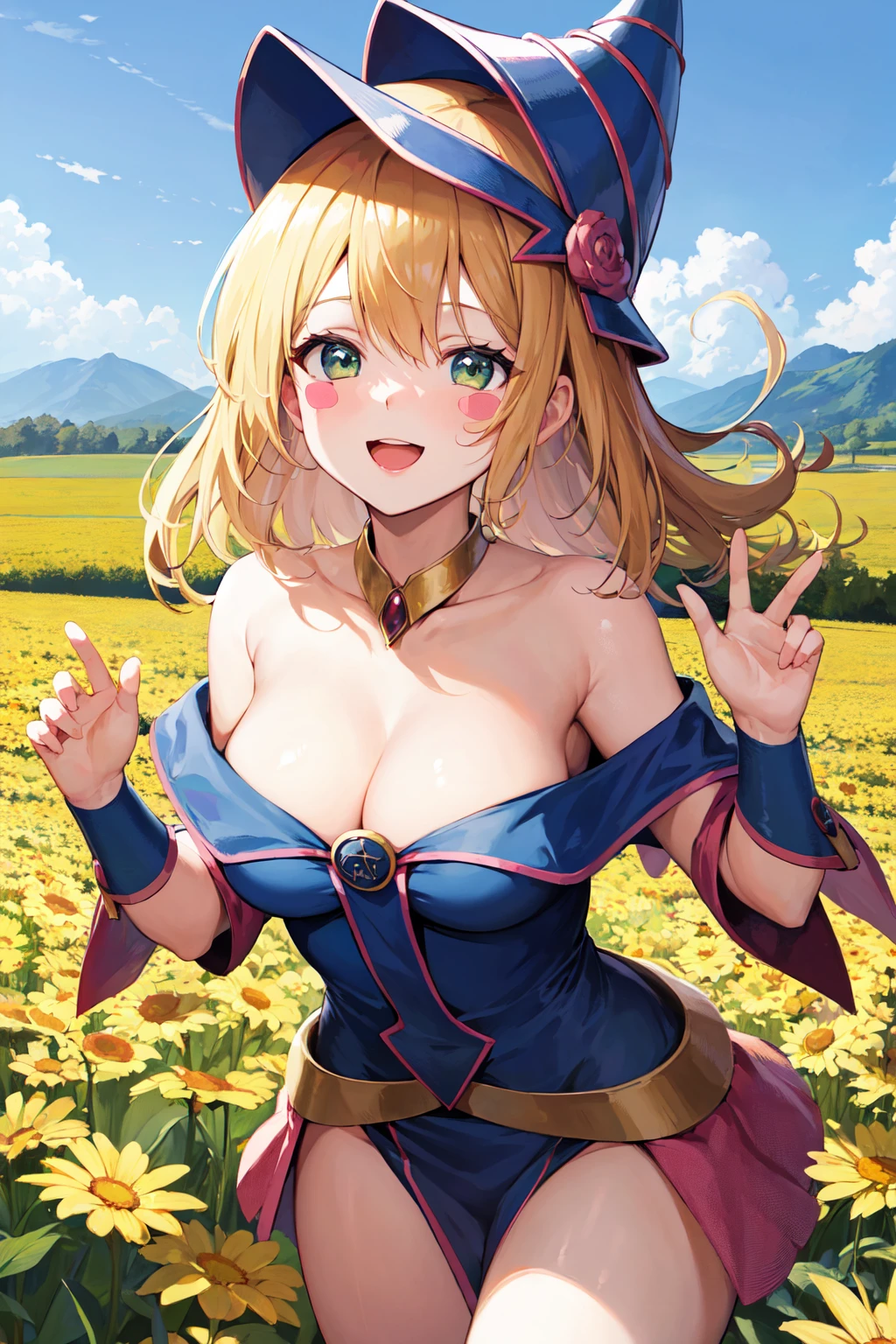 masterpiece, best quality, highres, hmdmg1, wizard hat, blush, blush stickers, cleavage, bare shoulders, dress, off shoulder, <lora:dark_magician_girl_v1:0.7>, cowboy shot, standing, smile, open mouth, field,
