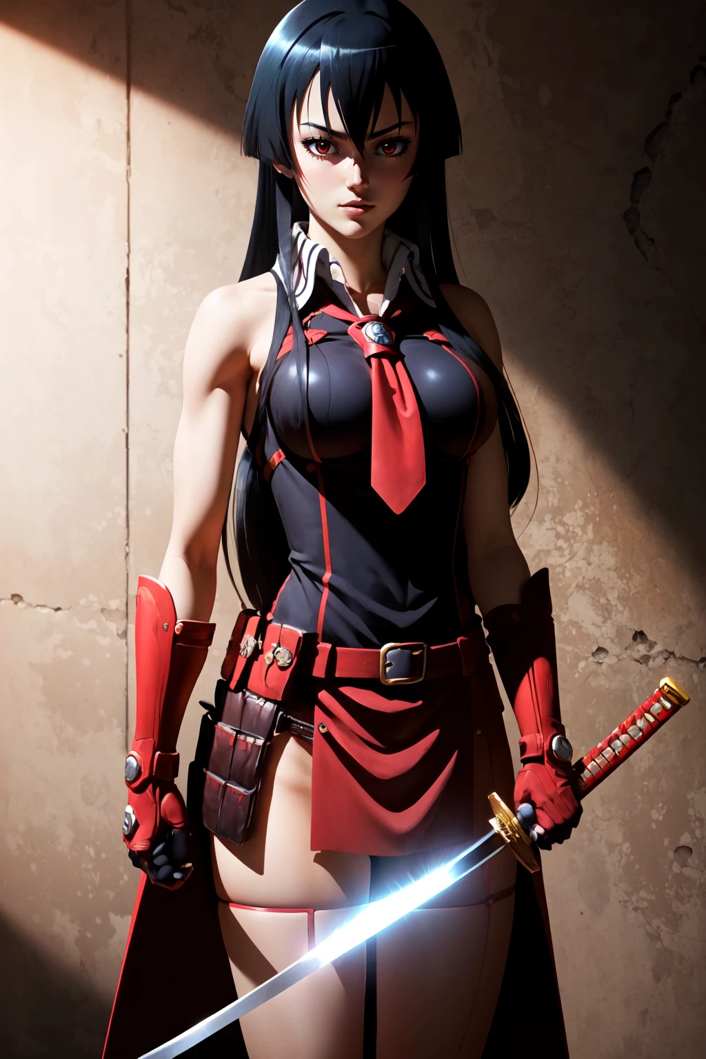 Highly detailed, High Quality, Masterpiece, beautiful, KatanaOneHand, <lora:UnlimitedBladeWorksV1:0.7>, 1girl, solo, cowboy shot, akame (akame ga kill), <lora:Char_AkameGaKill_Akame:0.9>