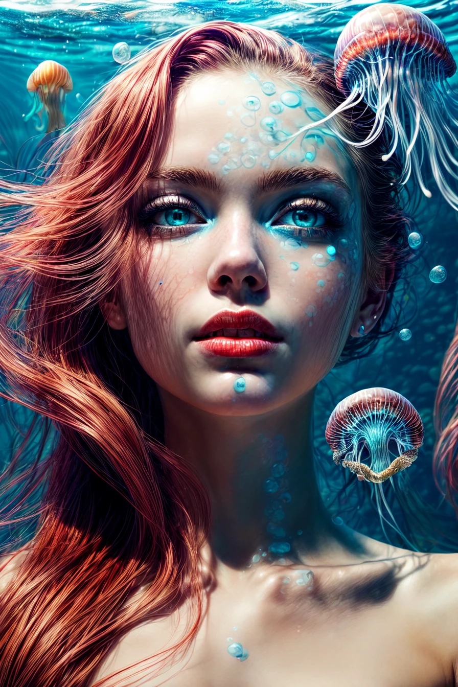 (masterpiece, top quality, best quality, official art, beautiful and aesthetic:1.2), (1girl), (perfect face:1.3), ((red long hair)), extreme detailed eyes, colorful, highest detailed, (mermaid), (detailed fish), (glowing jellyfish, shining jellyfish:1.2), (bubbles:1.2), seaweed, (under the sea), water streaks, vibrant colors, high contrast,<lora:add_detail:1>,<lora:more_details:1>